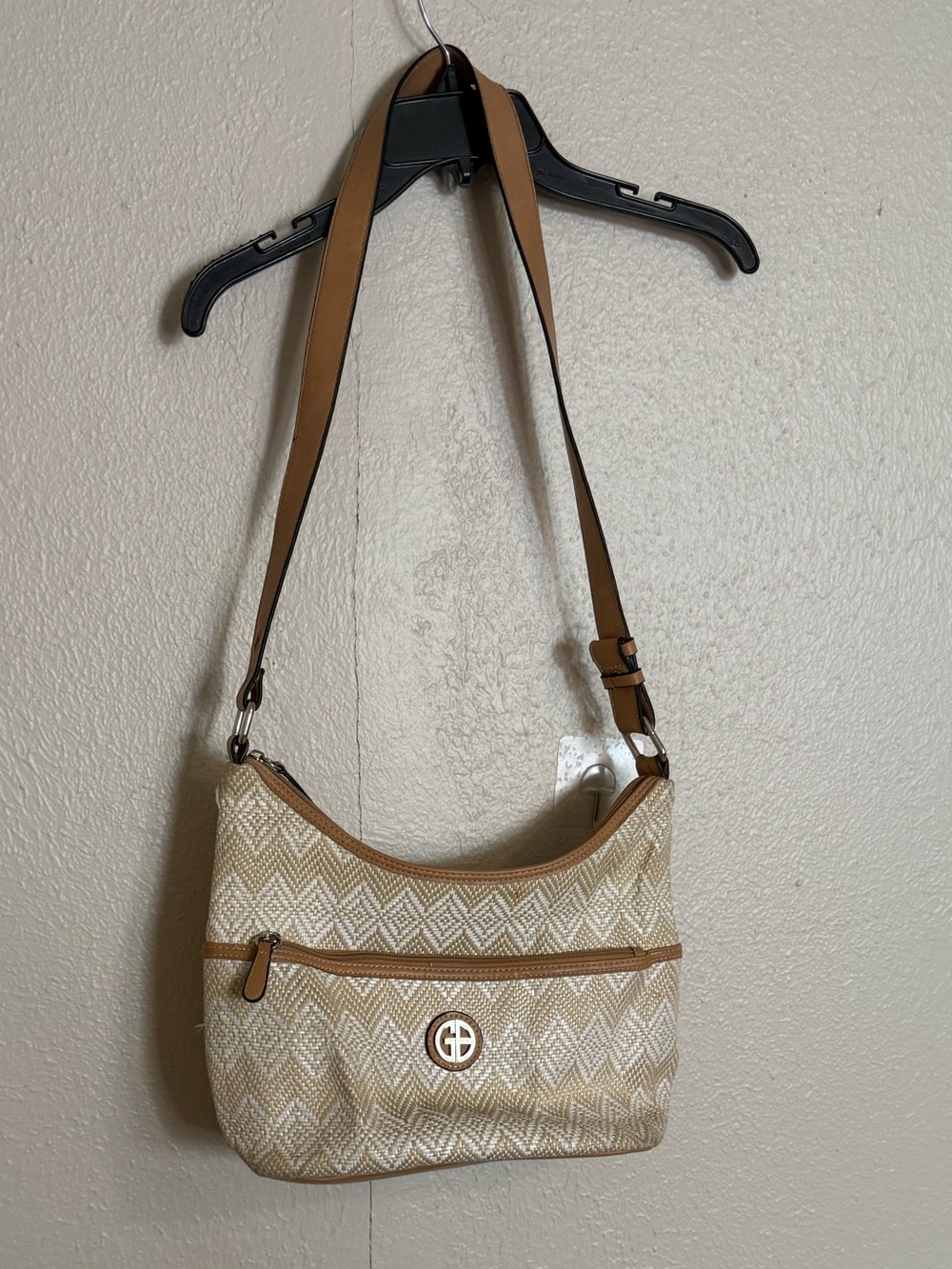 Boho design Neutral Beige Patterned Shoulder Bag with Tan Trim